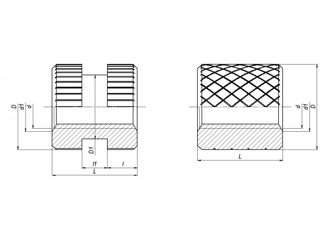 Втулки резьбовые опрессовываемые сквозные из латуни